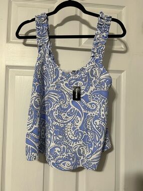 Express Blue & White Paisley Ruffle-Strap Camisole top